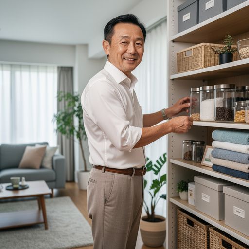 シンプルなデザインの収納ボックスが積み重ねられたリビング